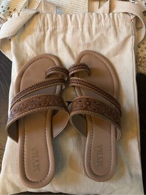 Myra Bag Tan Brown Floral Tooled Leather Slide Sandals